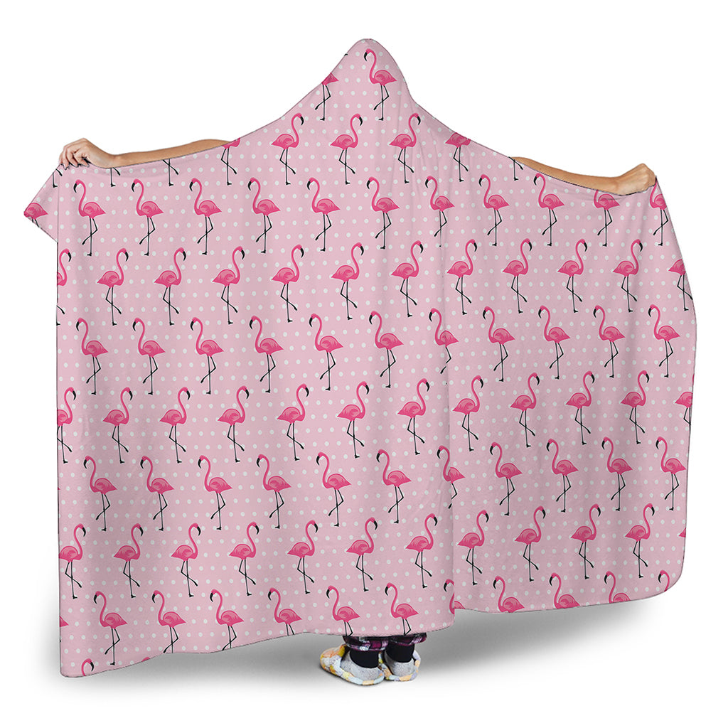 Pink Polka Dot Flamingo Pattern Print Hooded Blanket