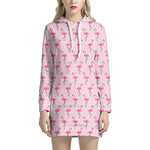 Pink Polka Dot Flamingo Pattern Print Hoodie Dress