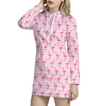Pink Polka Dot Flamingo Pattern Print Hoodie Dress