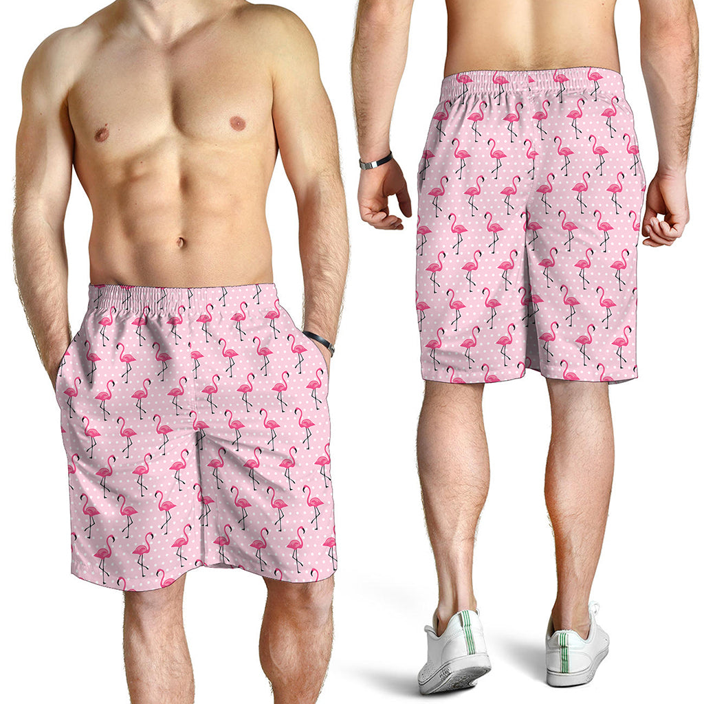 Pink Polka Dot Flamingo Pattern Print Men's Shorts
