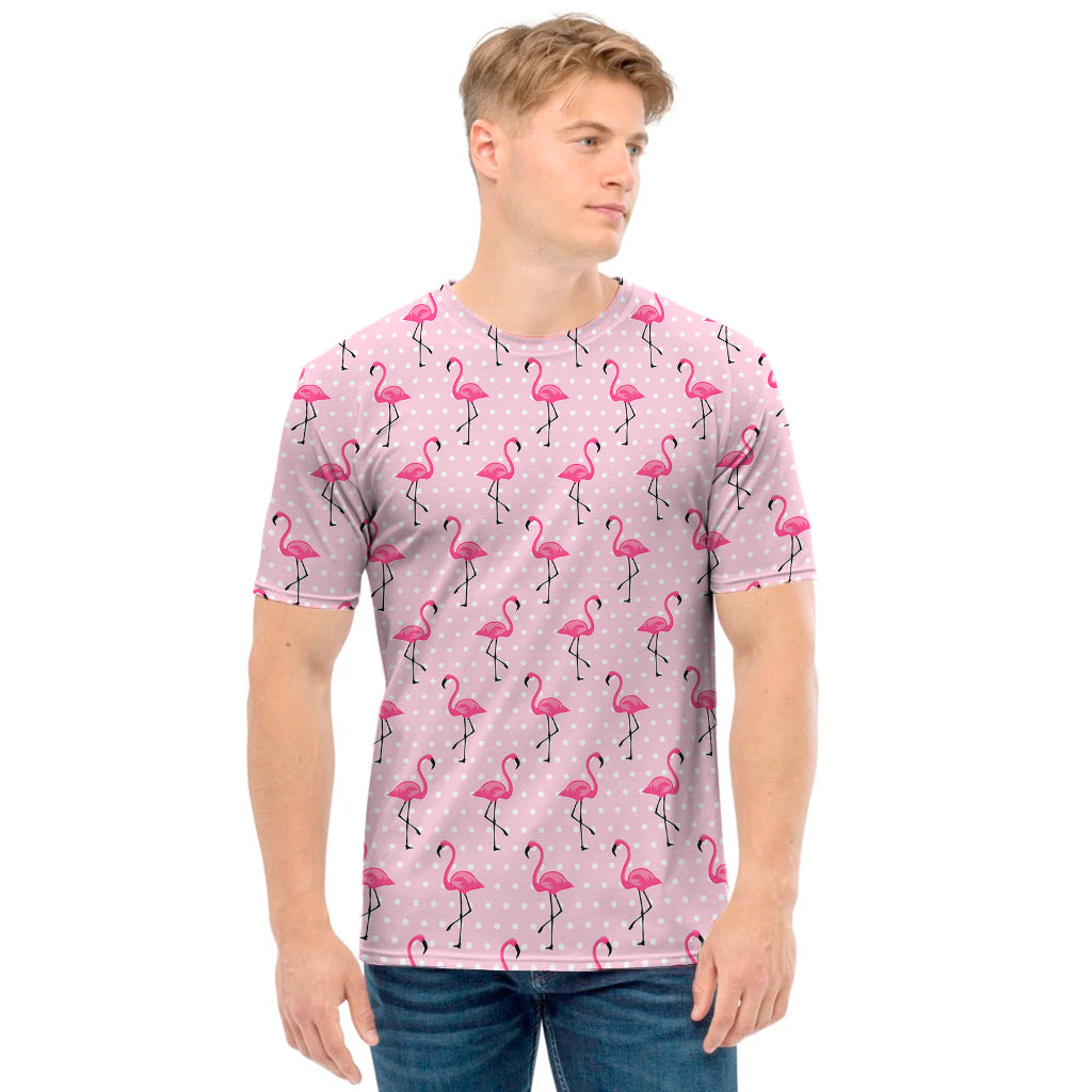 Pink Polka Dot Flamingo Pattern Print Men's T-Shirt