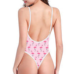 Pink Polka Dot Flamingo Pattern Print One Piece High Cut Swimsuit