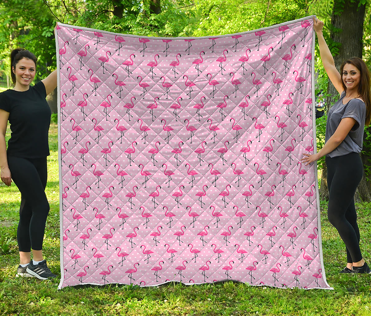 Pink Polka Dot Flamingo Pattern Print Quilt