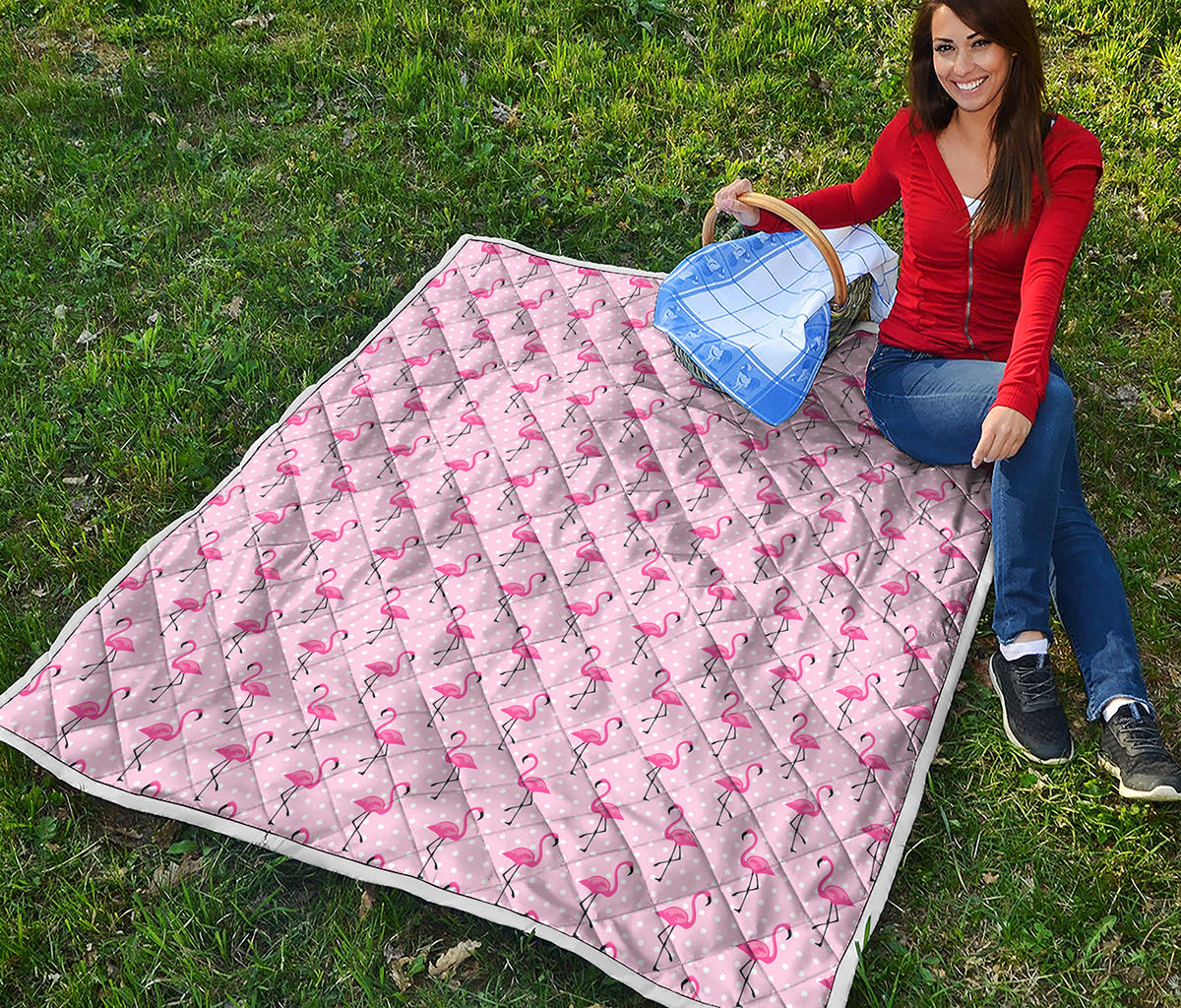 Pink Polka Dot Flamingo Pattern Print Quilt
