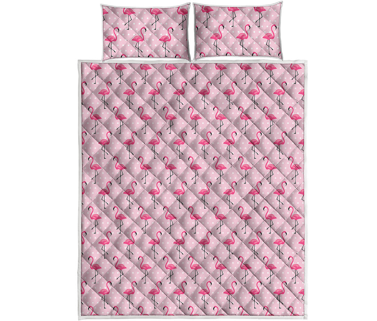 Pink Polka Dot Flamingo Pattern Print Quilt Bed Set