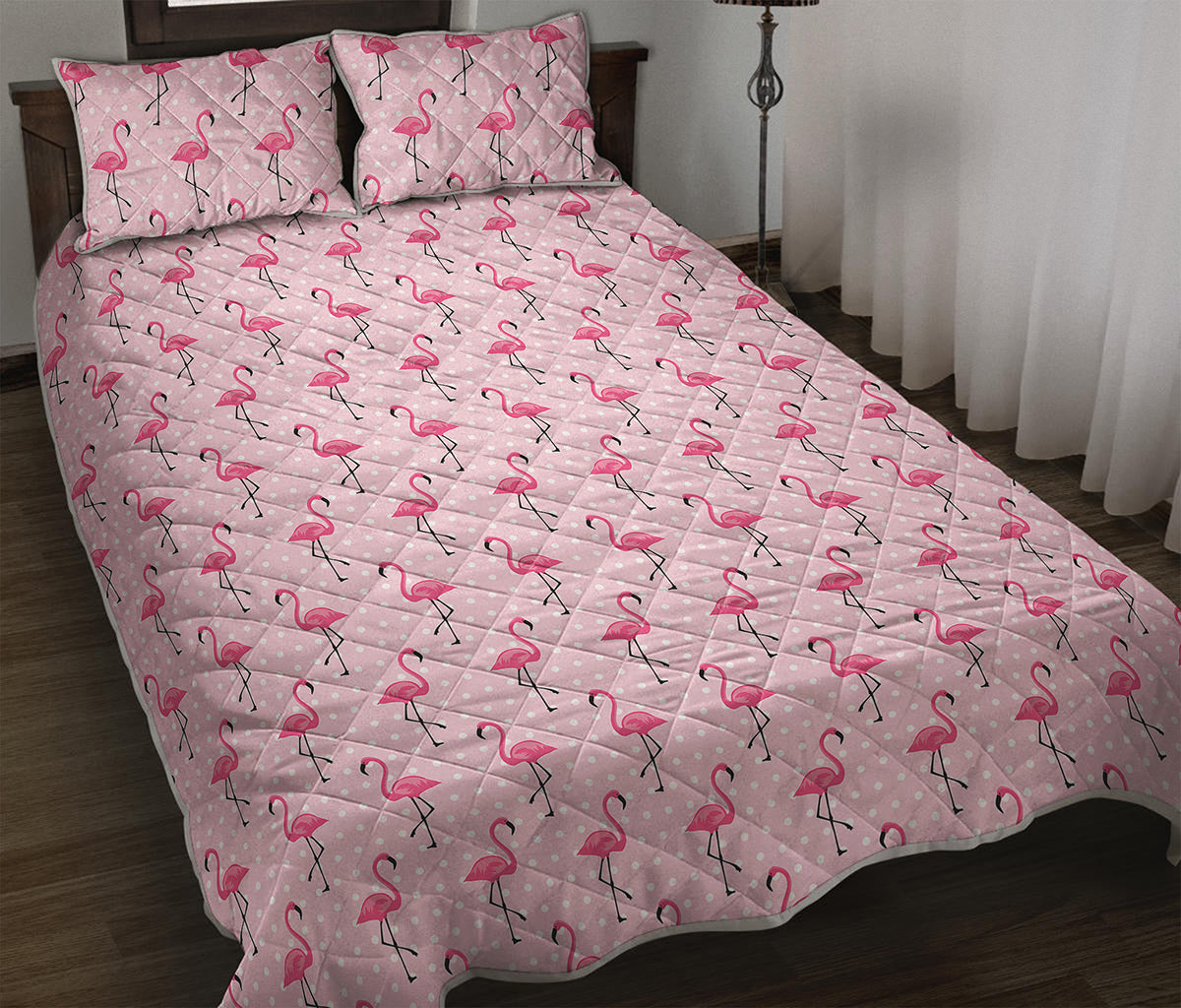 Pink Polka Dot Flamingo Pattern Print Quilt Bed Set