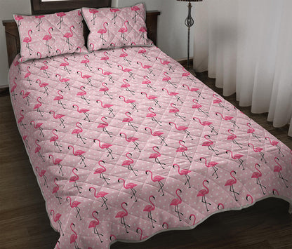 Pink Polka Dot Flamingo Pattern Print Quilt Bed Set