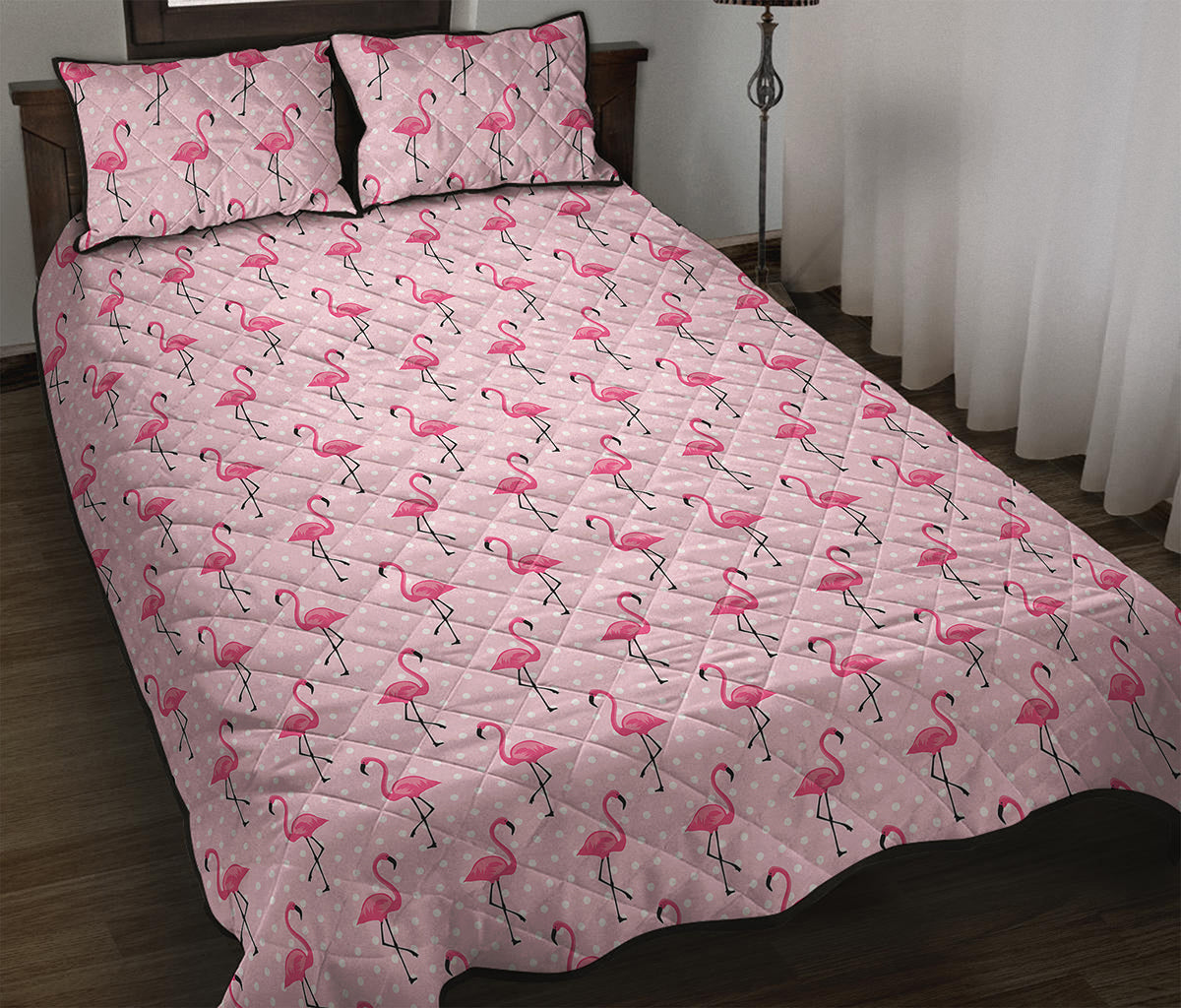 Pink Polka Dot Flamingo Pattern Print Quilt Bed Set