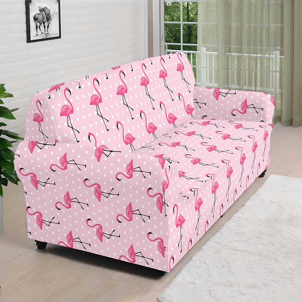 Pink Polka Dot Flamingo Pattern Print Sofa Cover