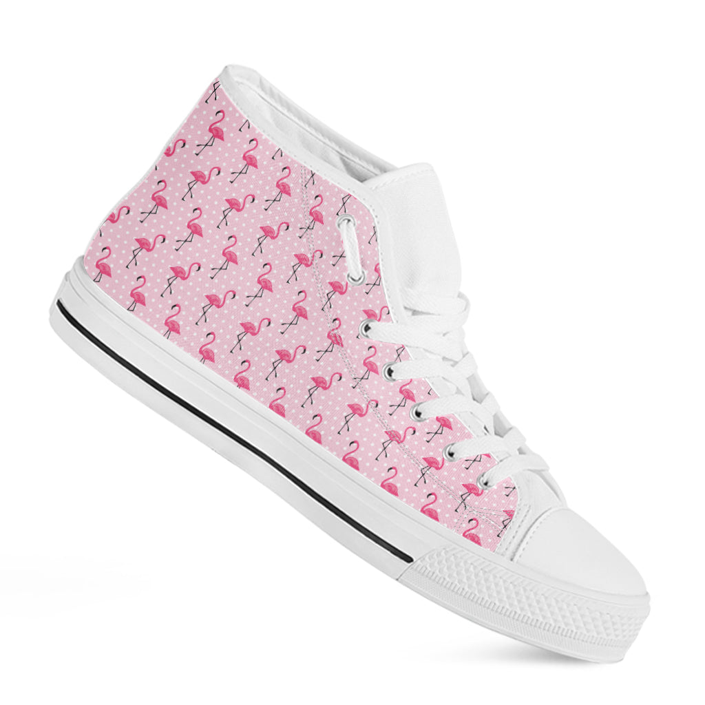 Pink Polka Dot Flamingo Pattern Print White High Top Shoes