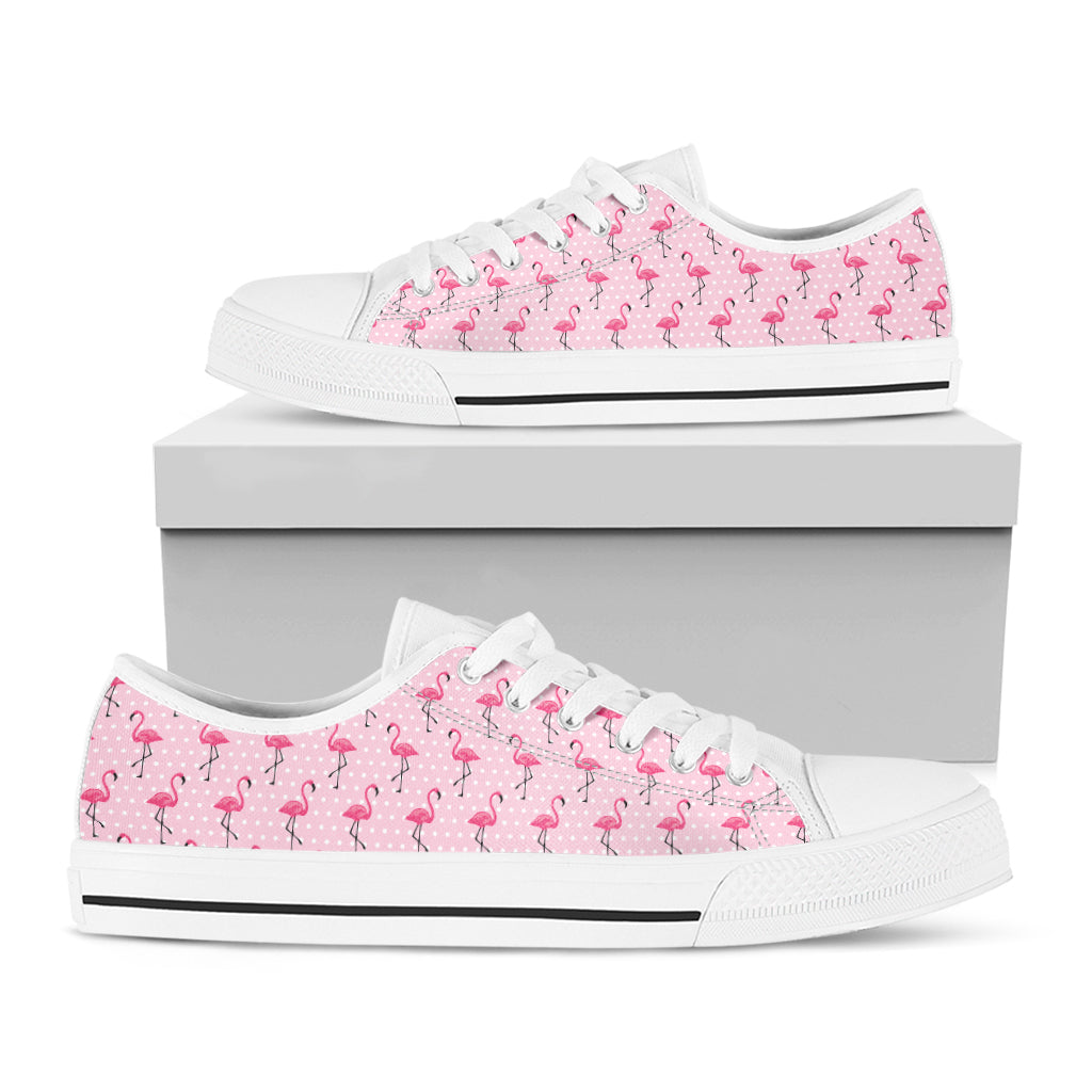 Pink Polka Dot Flamingo Pattern Print White Low Top Shoes
