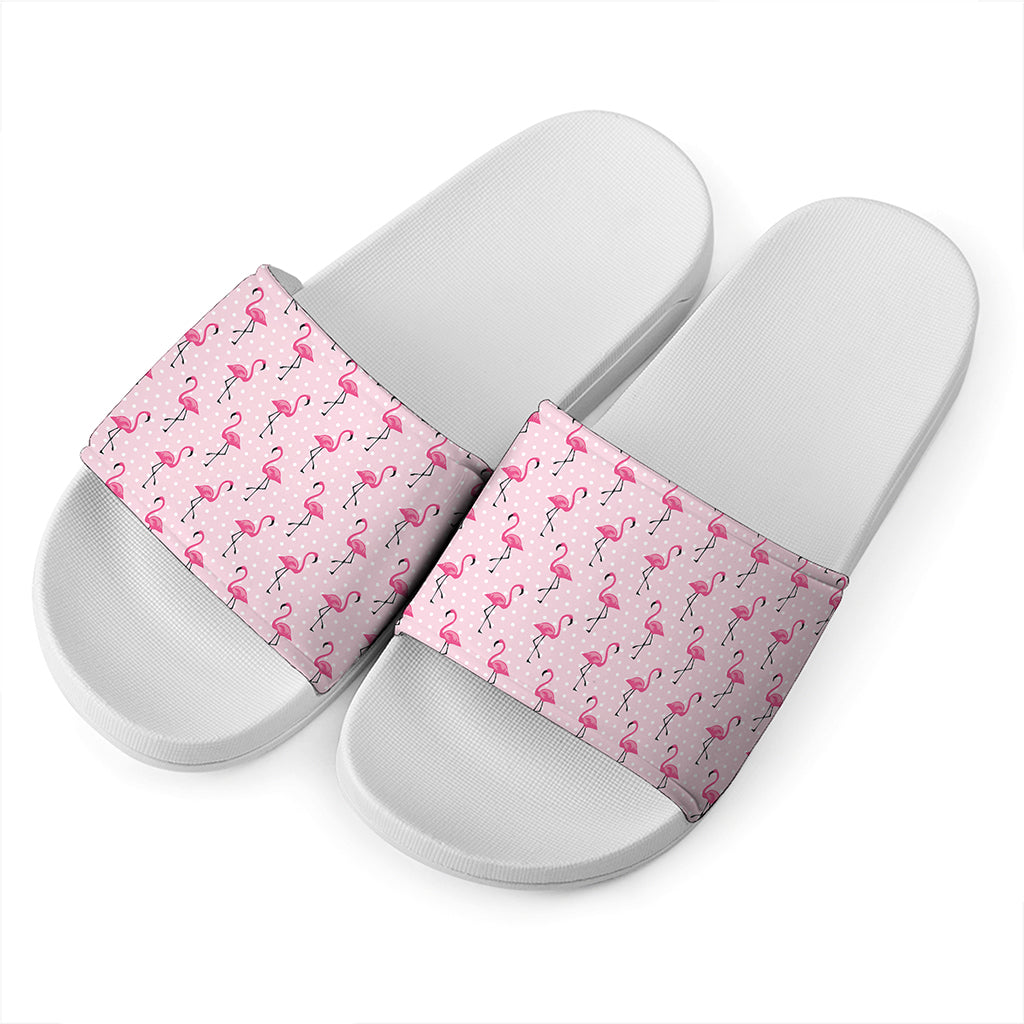 Pink Polka Dot Flamingo Pattern Print White Slide Sandals