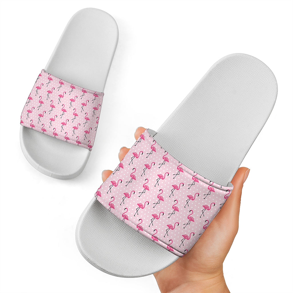 Pink Polka Dot Flamingo Pattern Print White Slide Sandals