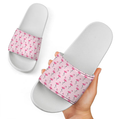 Pink Polka Dot Flamingo Pattern Print White Slide Sandals
