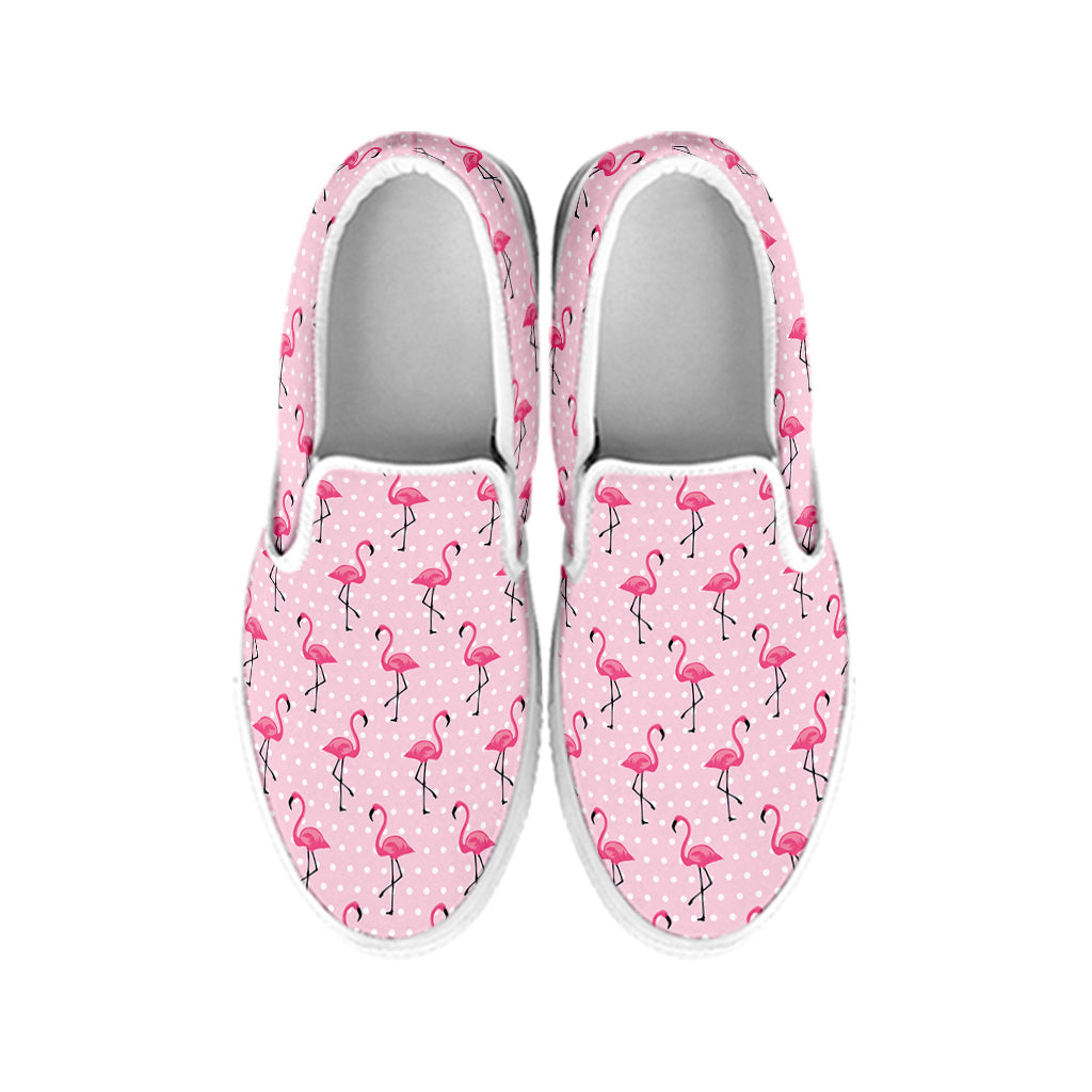 Pink Polka Dot Flamingo Pattern Print White Slip On Shoes