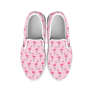 Pink Polka Dot Flamingo Pattern Print White Slip On Shoes