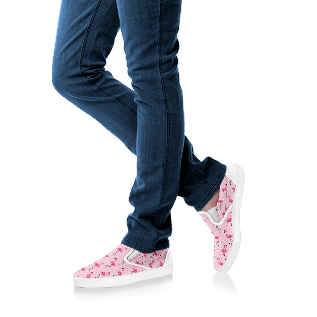 Pink Polka Dot Flamingo Pattern Print White Slip On Shoes