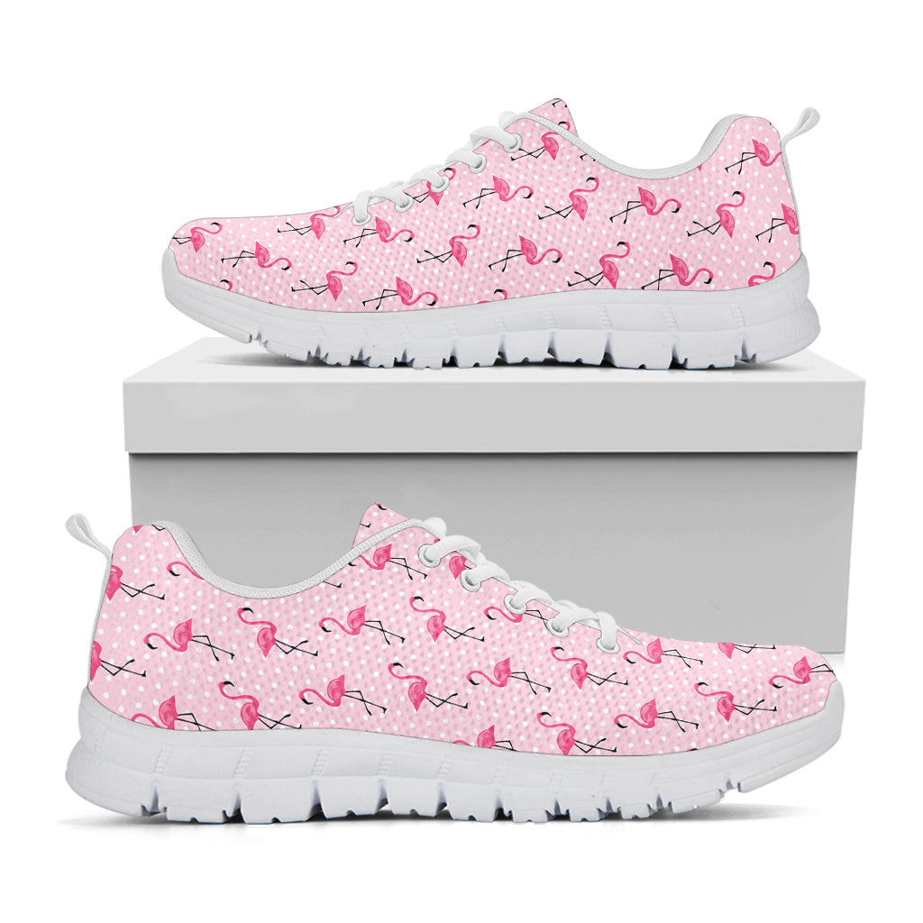 Pink Polka Dot Flamingo Pattern Print White Sneakers