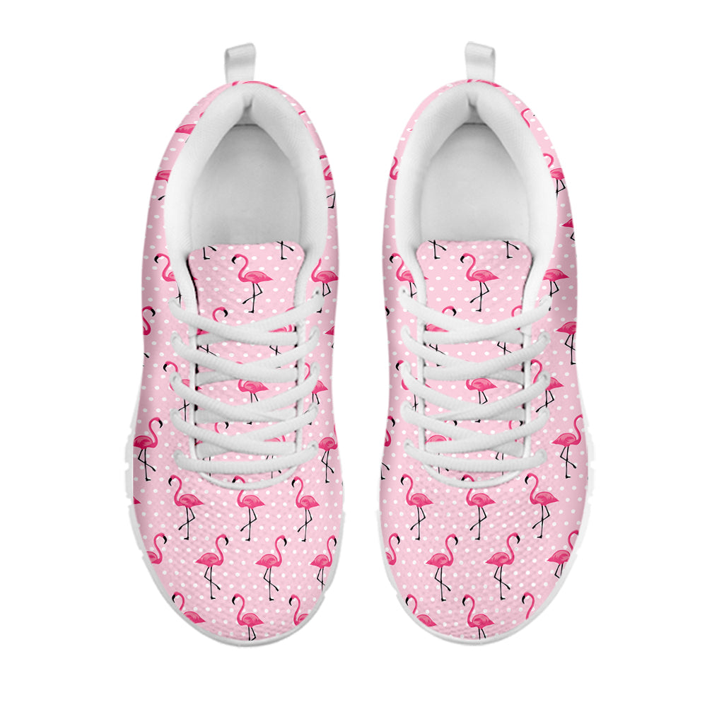Pink Polka Dot Flamingo Pattern Print White Sneakers