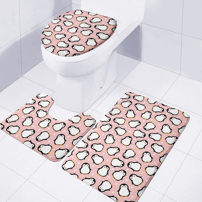 Pink Polka Dot Penguin Pattern Print 3 Piece Bath Mat Set