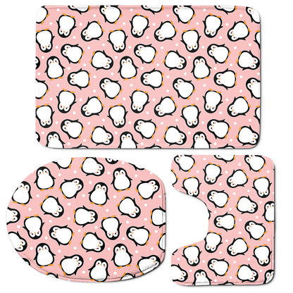 Pink Polka Dot Penguin Pattern Print 3 Piece Bath Mat Set