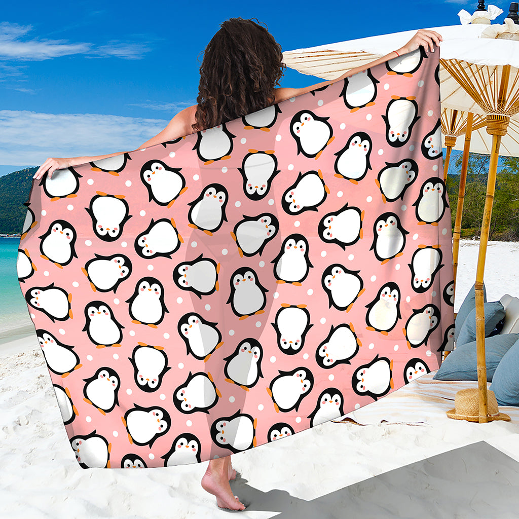 Pink Polka Dot Penguin Pattern Print Beach Sarong Wrap