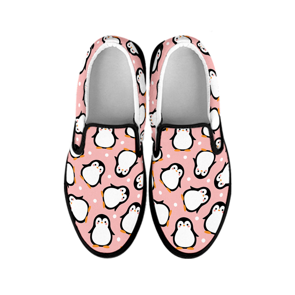 Pink Polka Dot Penguin Pattern Print Black Slip On Shoes
