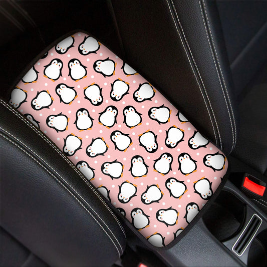 Pink Polka Dot Penguin Pattern Print Car Center Console Cover