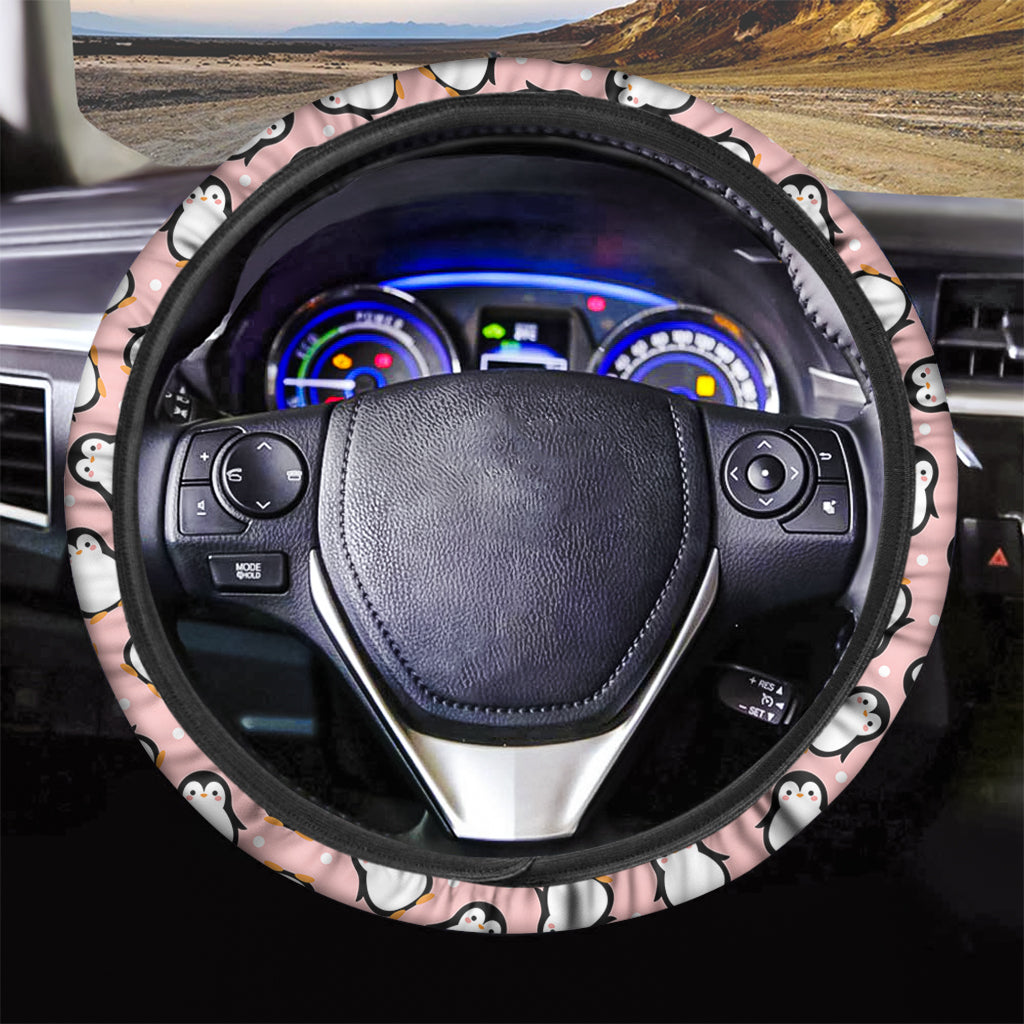 Pink Polka Dot Penguin Pattern Print Car Steering Wheel Cover