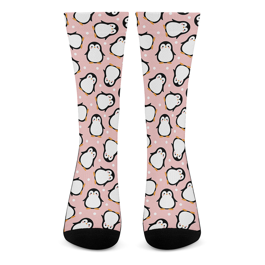 Pink Polka Dot Penguin Pattern Print Crew Socks