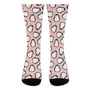 Pink Polka Dot Penguin Pattern Print Crew Socks