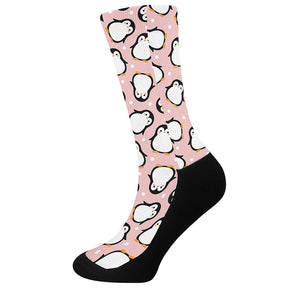 Pink Polka Dot Penguin Pattern Print Crew Socks