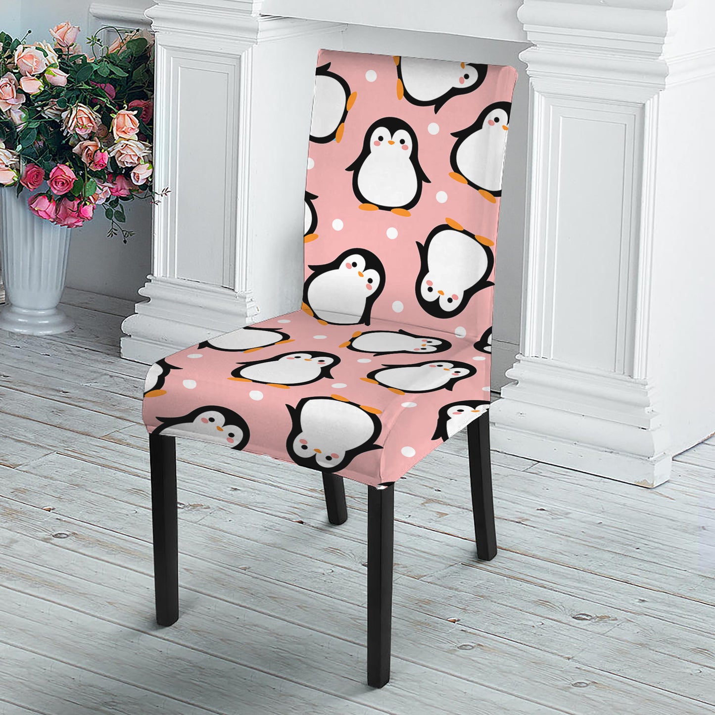Pink Polka Dot Penguin Pattern Print Dining Chair Slipcover