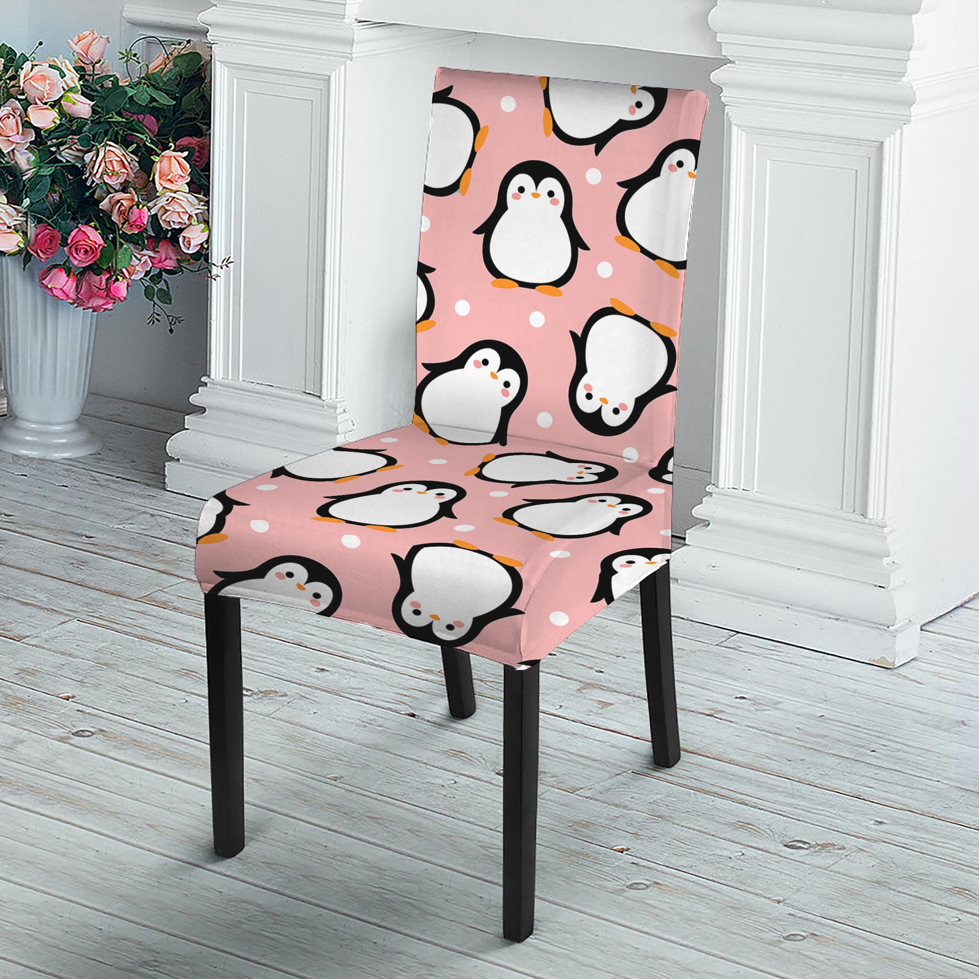 Pink Polka Dot Penguin Pattern Print Dining Chair Slipcover