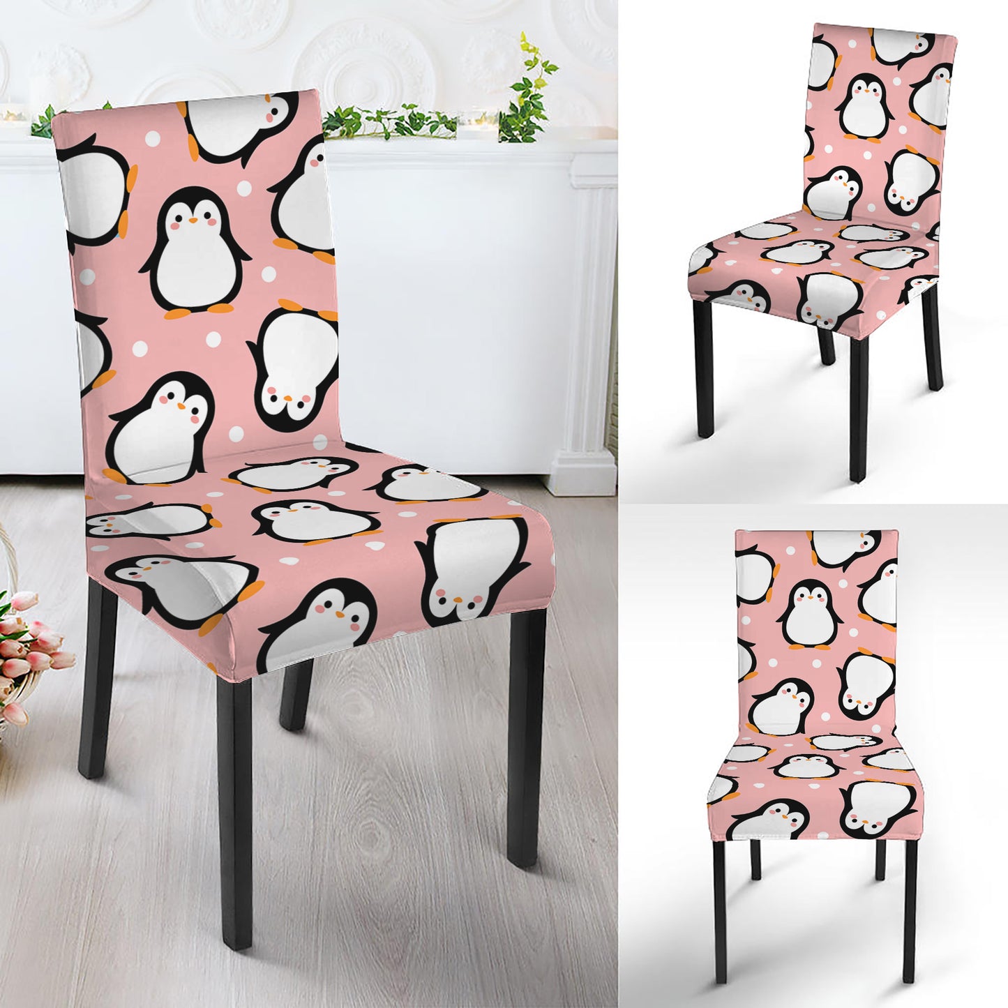 Pink Polka Dot Penguin Pattern Print Dining Chair Slipcover