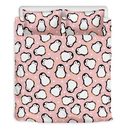 Pink Polka Dot Penguin Pattern Print Duvet Cover Bedding Set