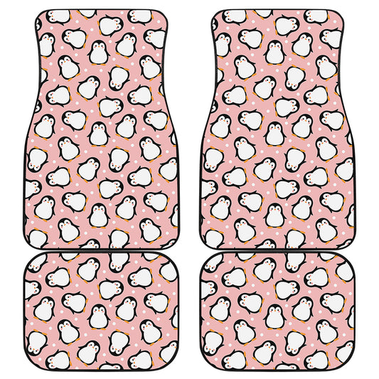 Pink Polka Dot Penguin Pattern Print Front and Back Car Floor Mats