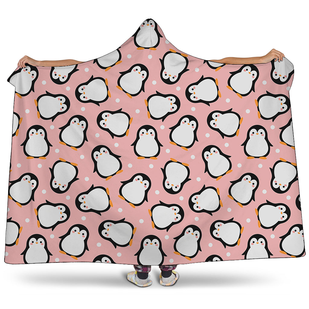 Pink Polka Dot Penguin Pattern Print Hooded Blanket