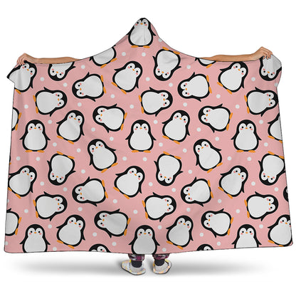 Pink Polka Dot Penguin Pattern Print Hooded Blanket