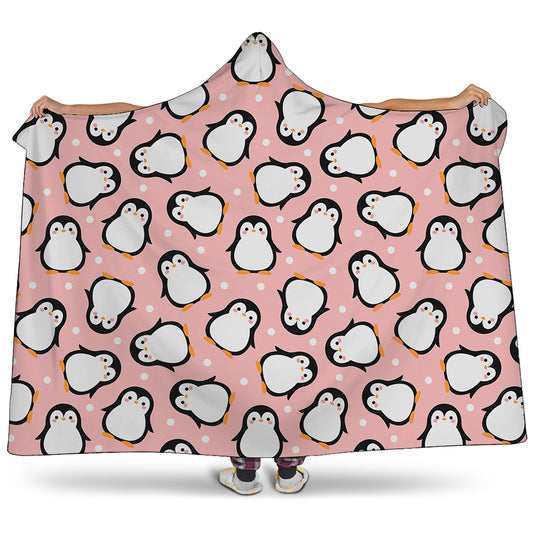 Pink Polka Dot Penguin Pattern Print Hooded Blanket