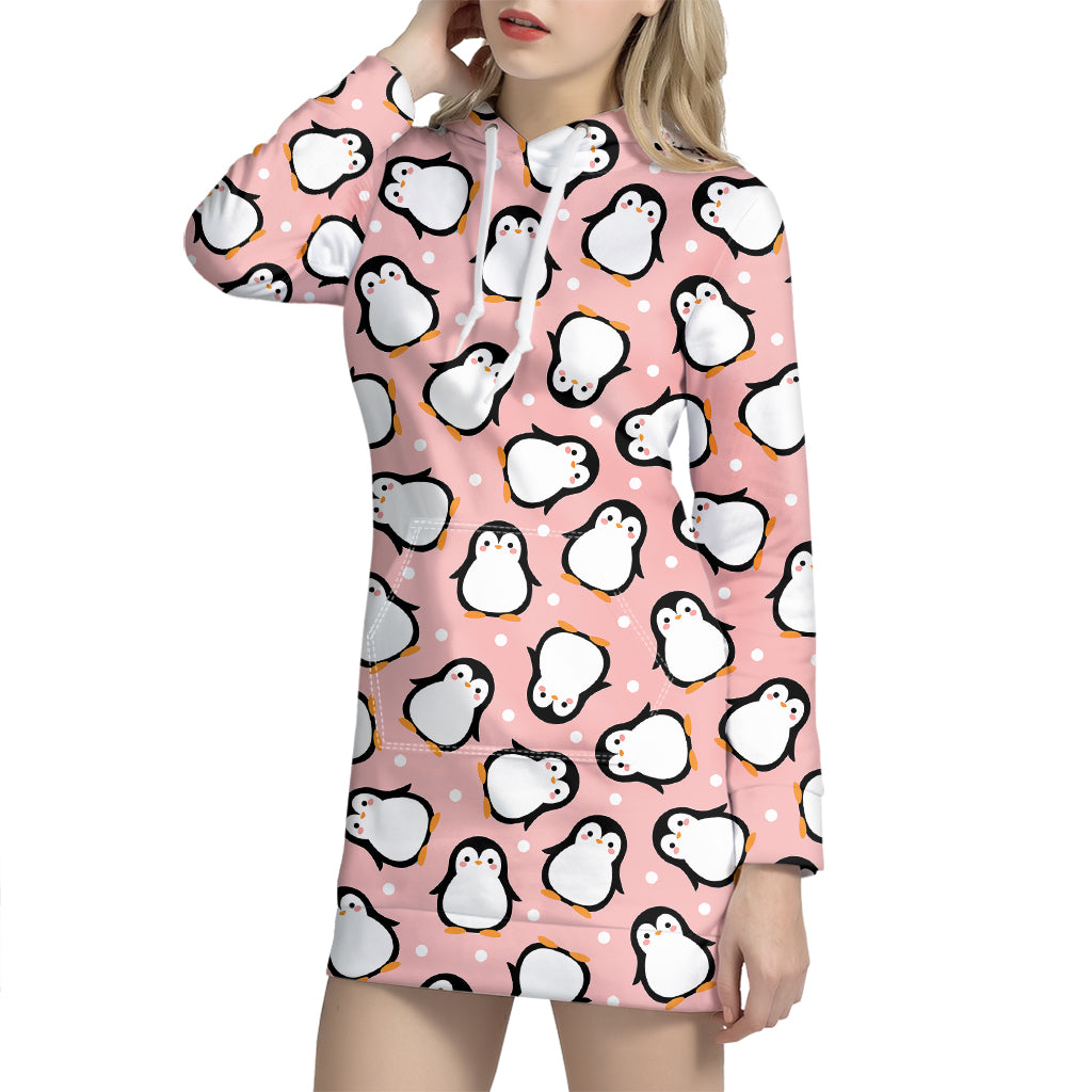 Pink Polka Dot Penguin Pattern Print Hoodie Dress