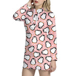 Pink Polka Dot Penguin Pattern Print Hoodie Dress