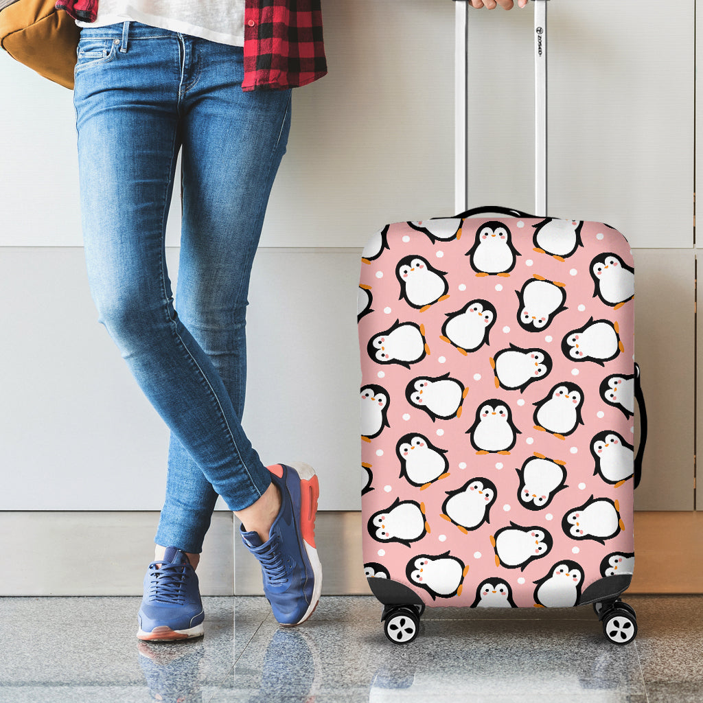 Pink Polka Dot Penguin Pattern Print Luggage Cover