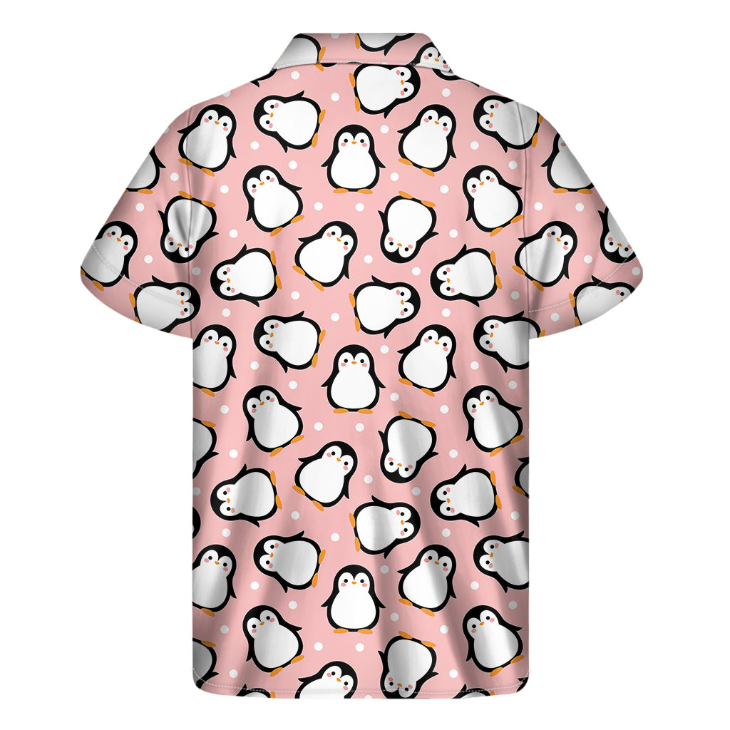 Pink Polka Dot Penguin Pattern Print Men's Short Sleeve Shirt