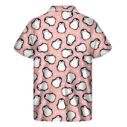 Pink Polka Dot Penguin Pattern Print Men's Short Sleeve Shirt