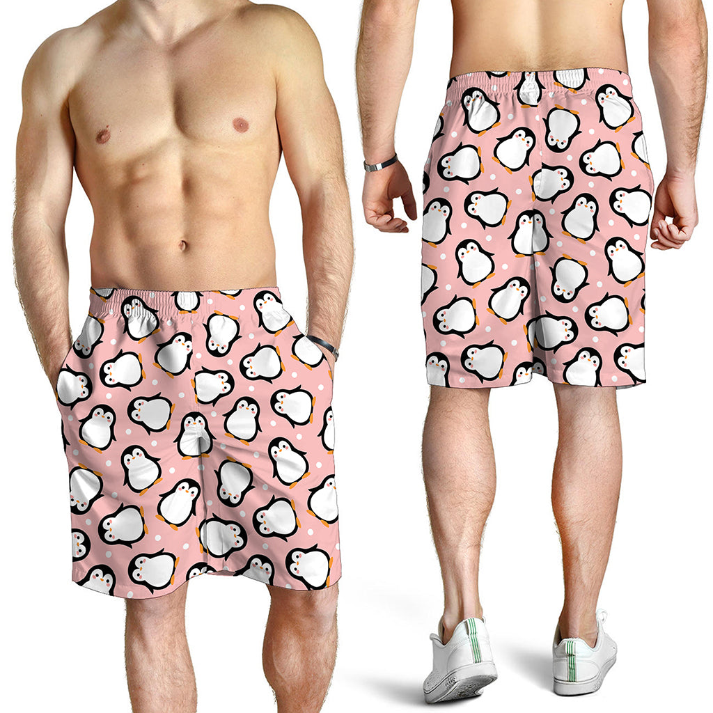 Pink Polka Dot Penguin Pattern Print Men's Shorts