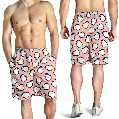 Pink Polka Dot Penguin Pattern Print Men's Shorts