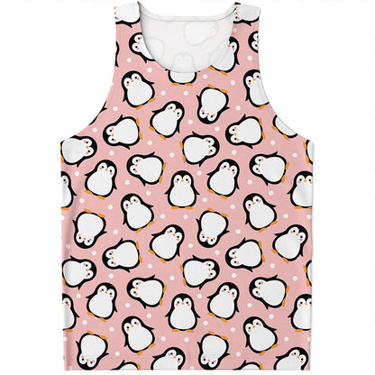 Pink Polka Dot Penguin Pattern Print Men's Tank Top