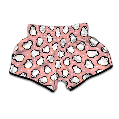 Pink Polka Dot Penguin Pattern Print Muay Thai Boxing Shorts