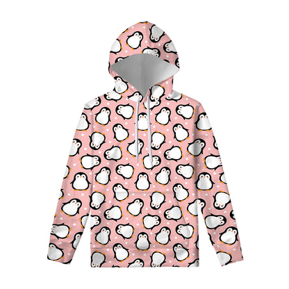 Pink Polka Dot Penguin Pattern Print Pullover Hoodie